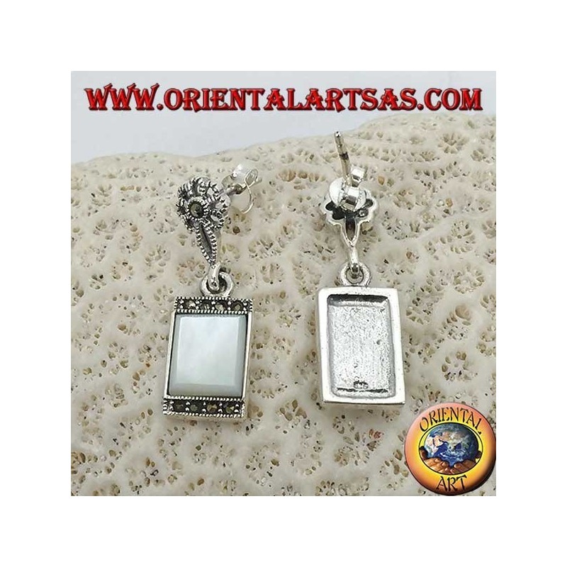 Silver pendent earrings with rectangular mother-of-pearl surrounded by marcasites