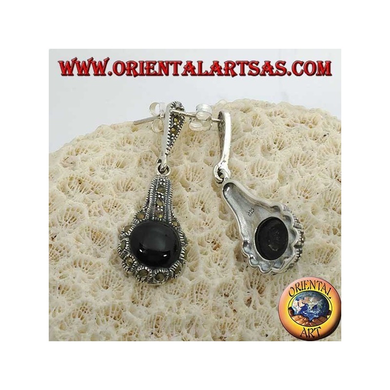 Silver pendent earrings, with round onyx surrounded by marcassites