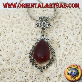 Silver pendant with drop-shaped carnelian surrounded by marcasite