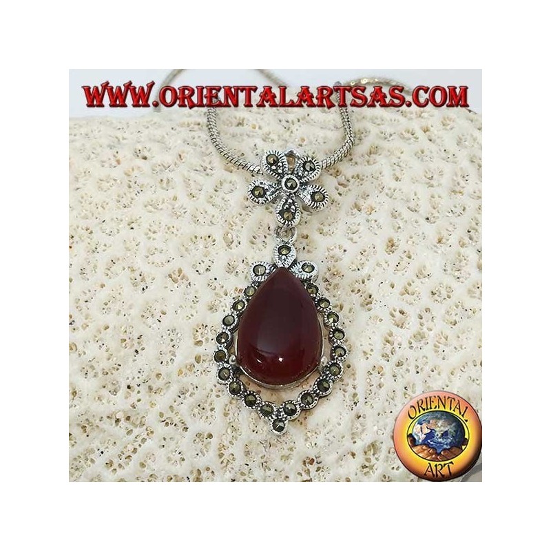 Silver pendant with drop-shaped carnelian surrounded by marcasite