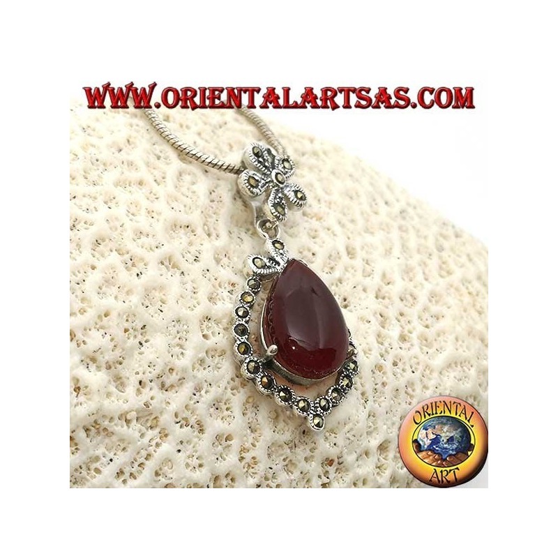 Pendentif en argent avec cornaline en forme de goutte entourée de marcassite