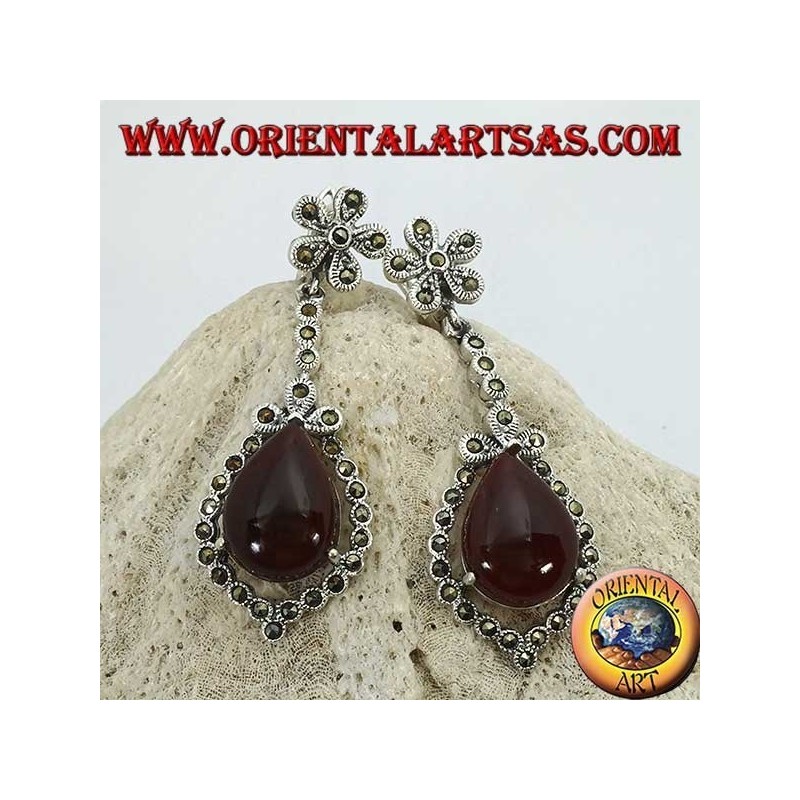 Silver pendant earrings with drop-shaped carnelian surrounded by marcasite