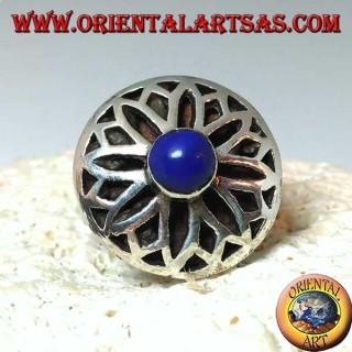 Silver lotus flower ring carved with round lapis lazuli in the center