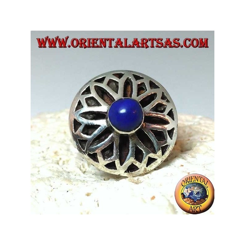 Silver lotus flower ring carved with round lapis lazuli in the center