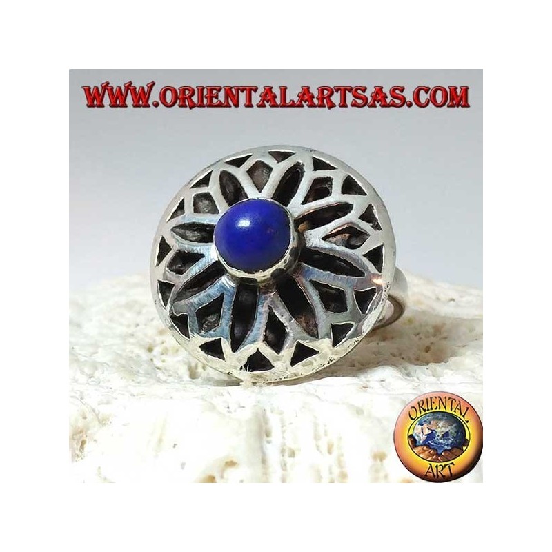 Silver lotus flower ring carved with round lapis lazuli in the center