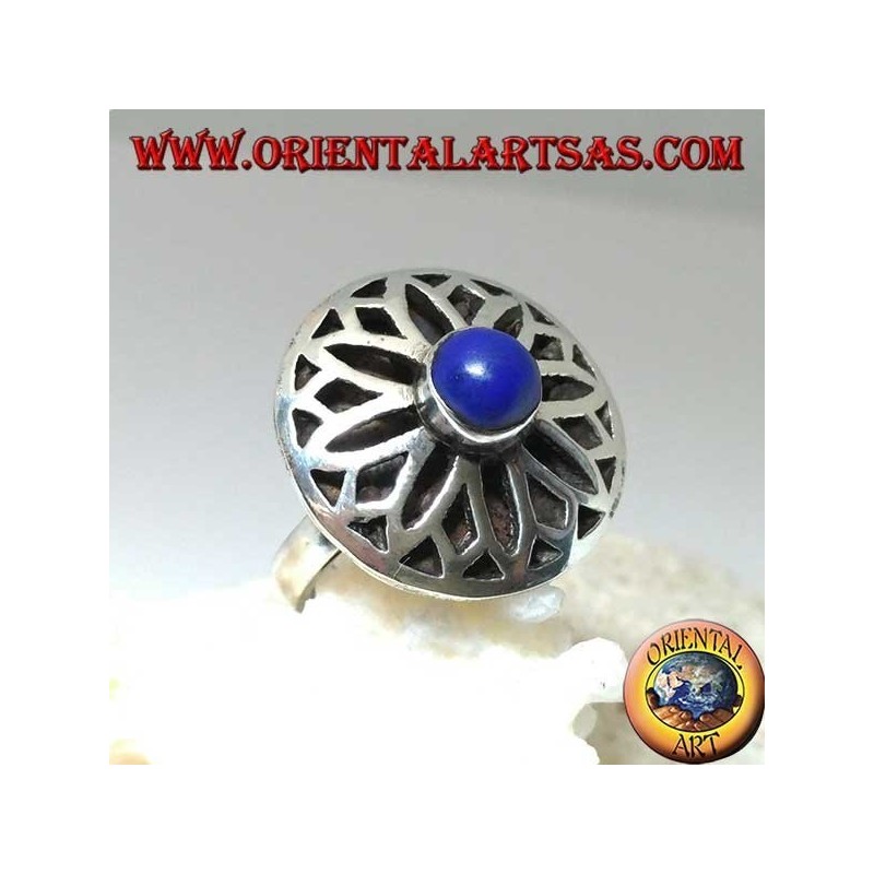 Anillo de flor de loto plateado tallado con lapislázuli redondo en el centro