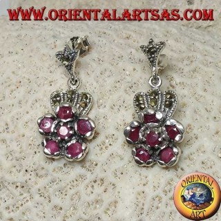 Silver pendent earrings with 6 natural round rubies set to form a flower and marcasite
