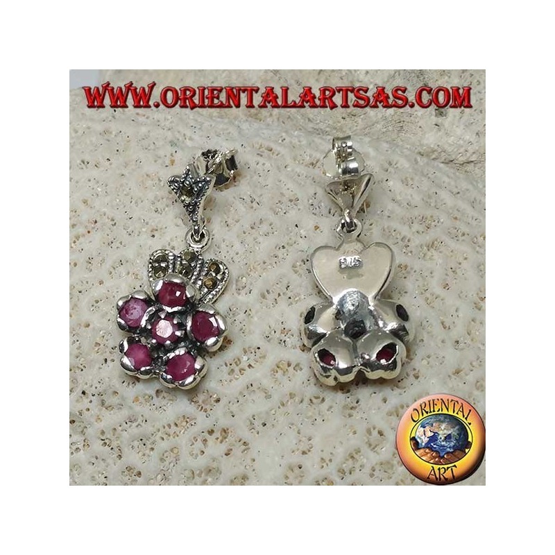 Silver pendent earrings with 6 natural round rubies set to form a flower and marcasite