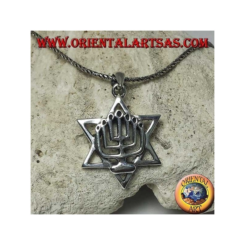 Silver pendant of the Menorah above the star of David
