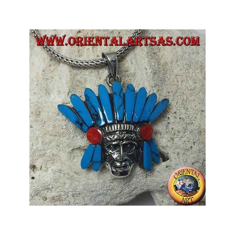 Silver pendant, native Indian head with turquoise feather headdress