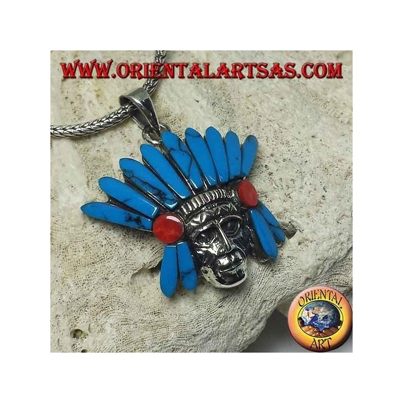 Pendentif en argent, tête d'Indien avec coiffe de plumes turquoise