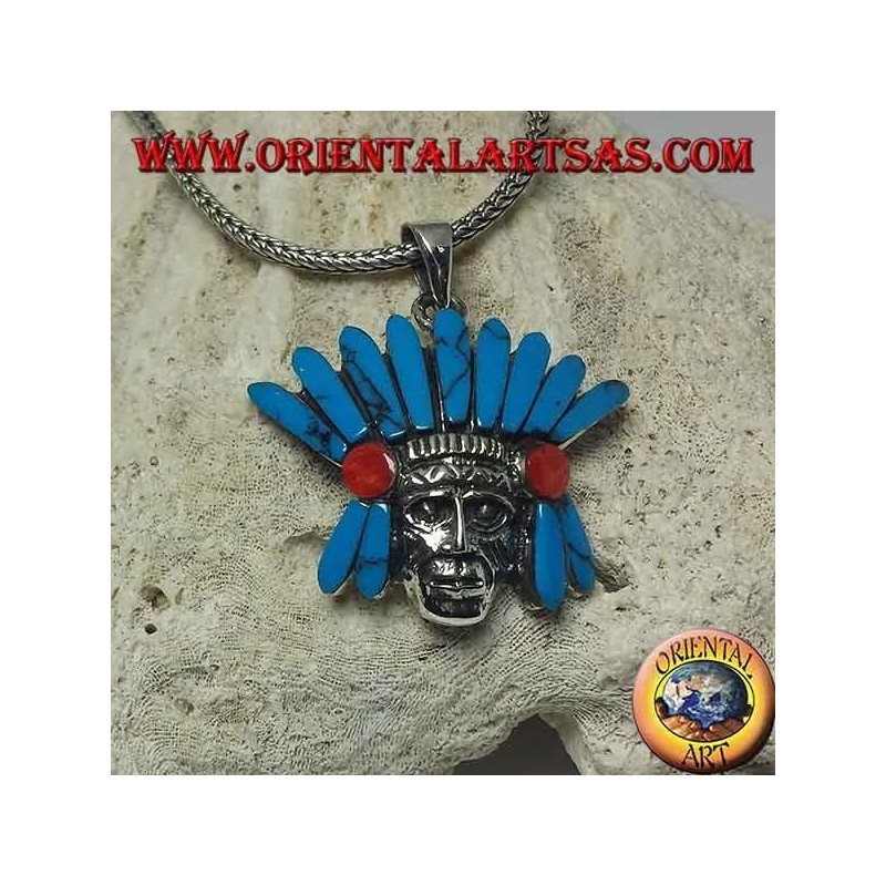 Pendentif en argent, tête d'Indien avec coiffe de plumes turquoise