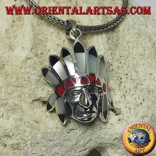 Silver pendant, native Indian head with mother-of-pearl onyx and coral headdress