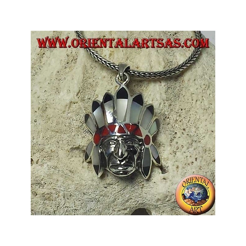 Silver pendant, native Indian head with mother-of-pearl onyx and coral headdress