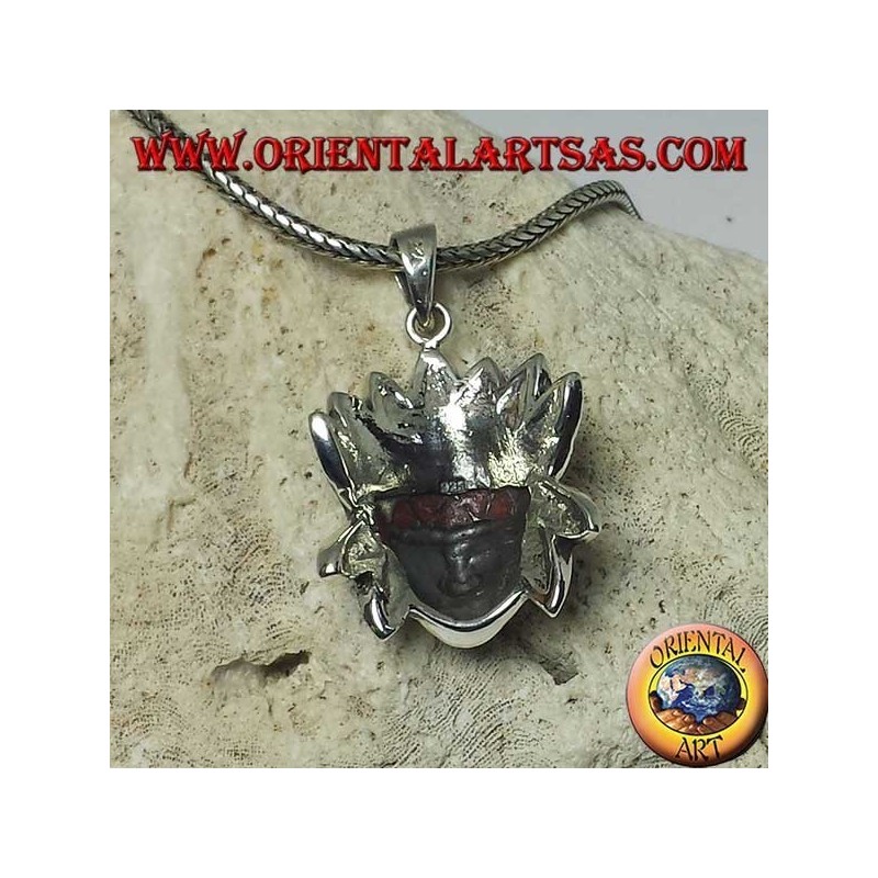 Silver pendant, native Indian head with mother-of-pearl onyx and coral headdress