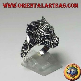 Bague en argent 925, avec une tête de loup qui grogne