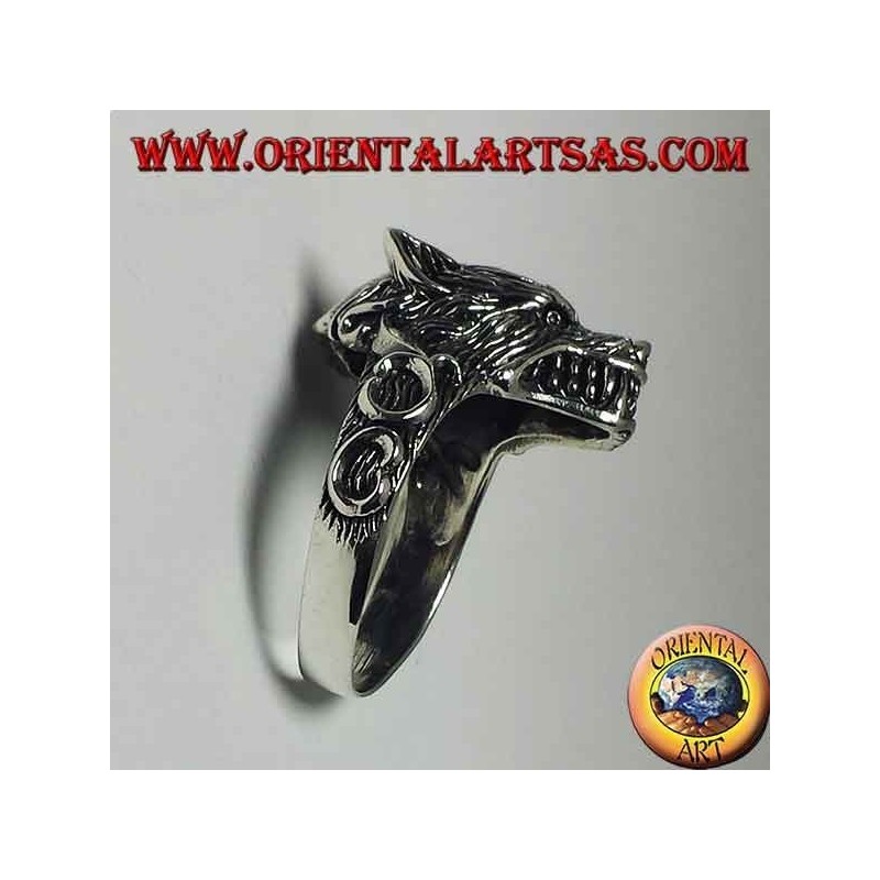 Bague en argent 925, avec une tête de loup qui grogne