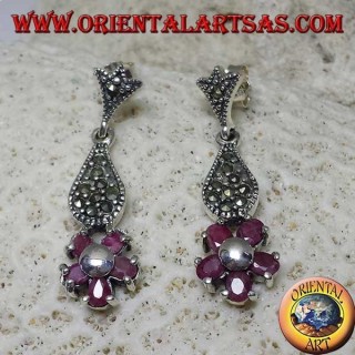 Silver pendent earrings with 5 natural oval rubies set to form a flower and marcasite