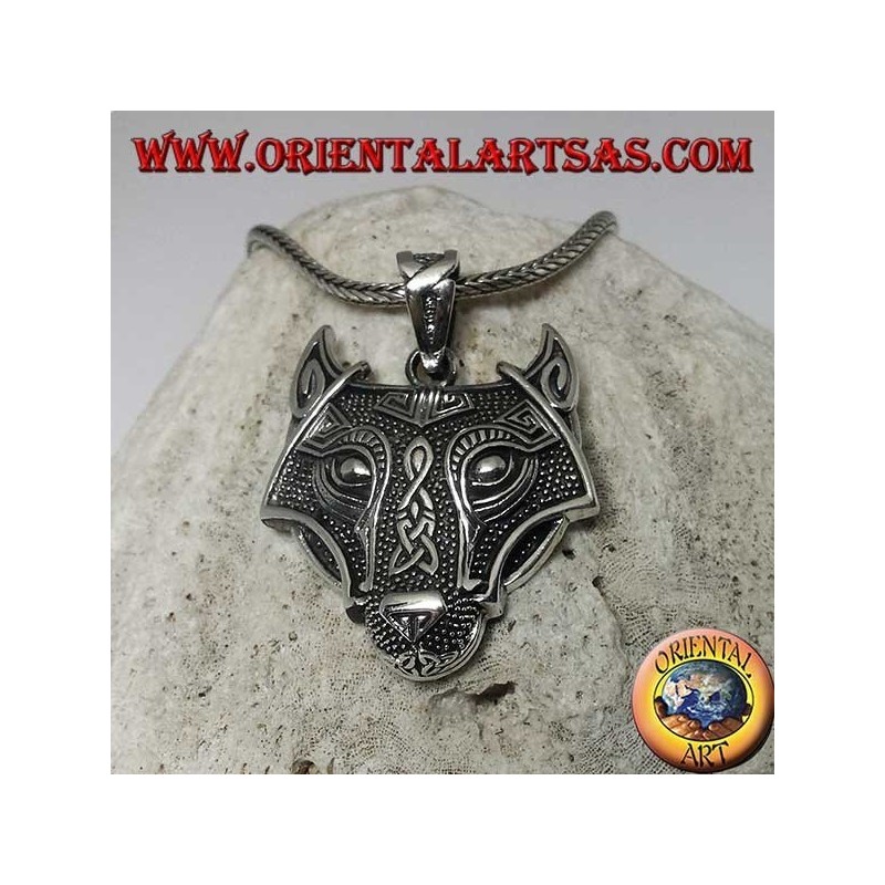 Silver wolf's head pendant with Celtic knot