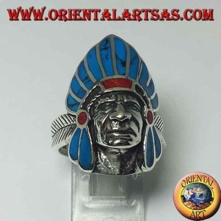 Ring in silver Indian native American face with turquoise feathers