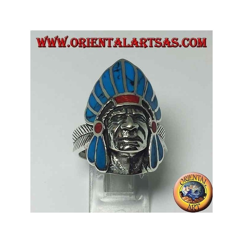 Bague en argent visage amérindien indien avec des plumes turquoise