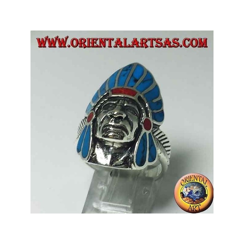 Bague en argent visage amérindien indien avec des plumes turquoise