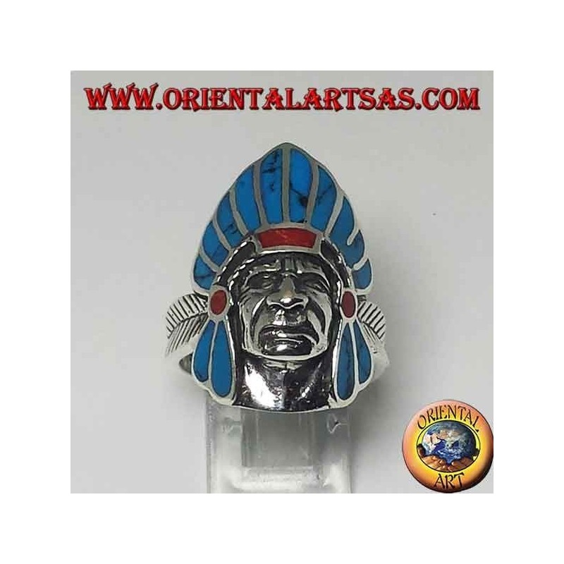 Ring in silver Indian native American face with turquoise feathers