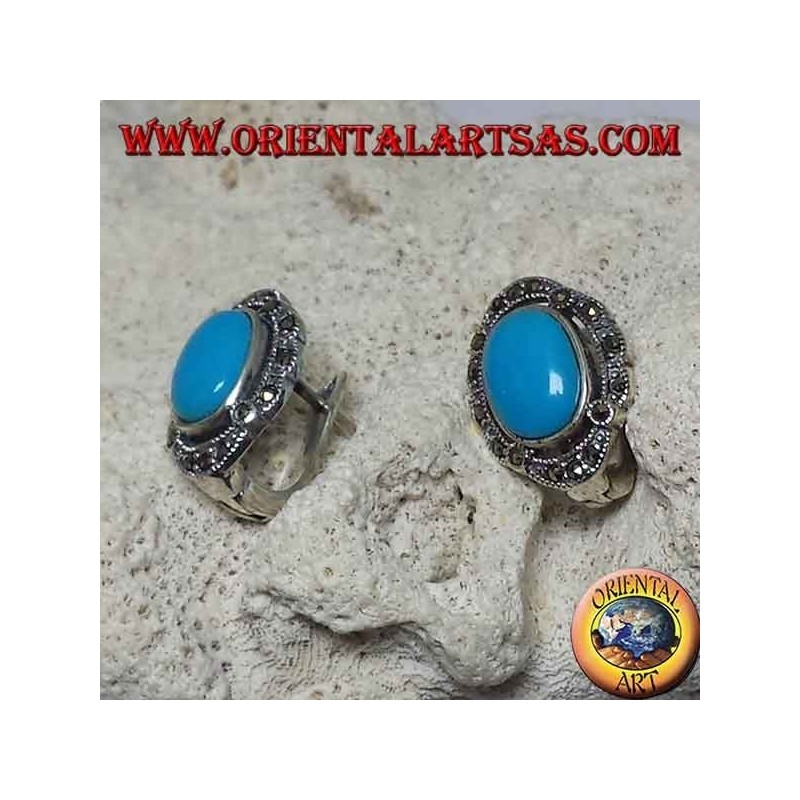 Boucles d'oreilles à lobes en argent avec turquoise ovale et marcassites