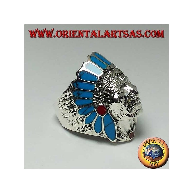 Anello in argento testa di Indiano D'America nativi con piume di turchese e corallo (grande)
