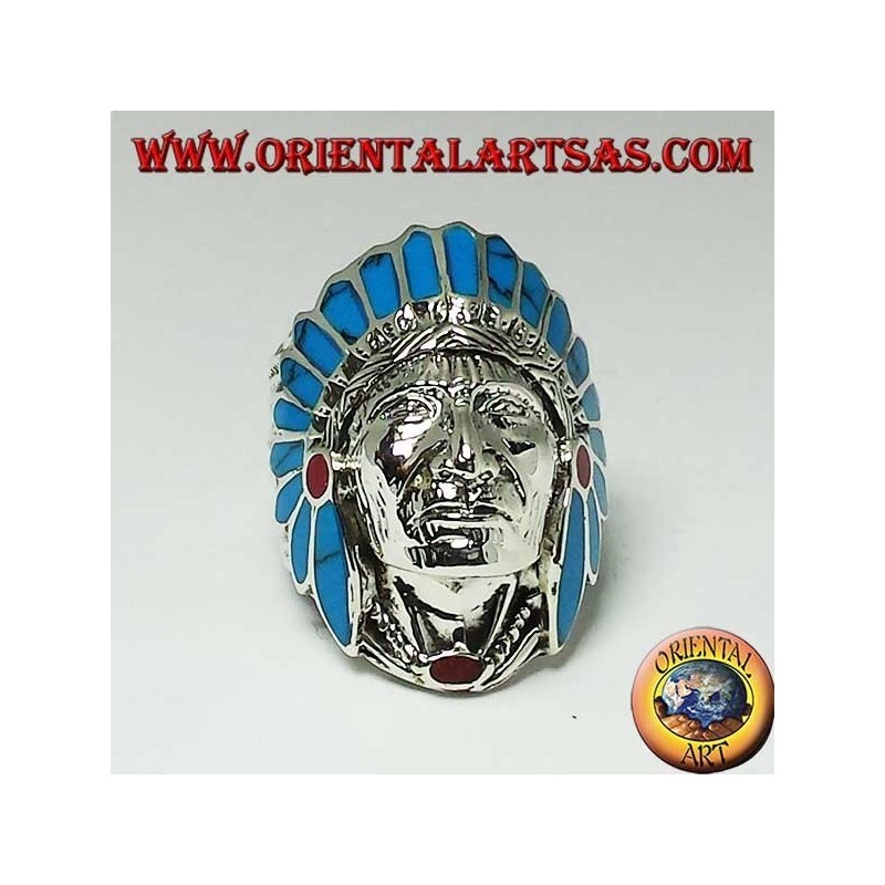 Silberring mit indianischem Indianerkopf mit Türkis- und Korallenfedern (groß)