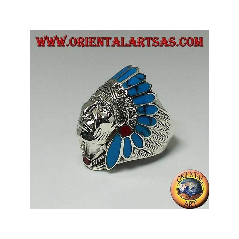 Silver ring of Indian native American head with turquoise and coral feathers (large)