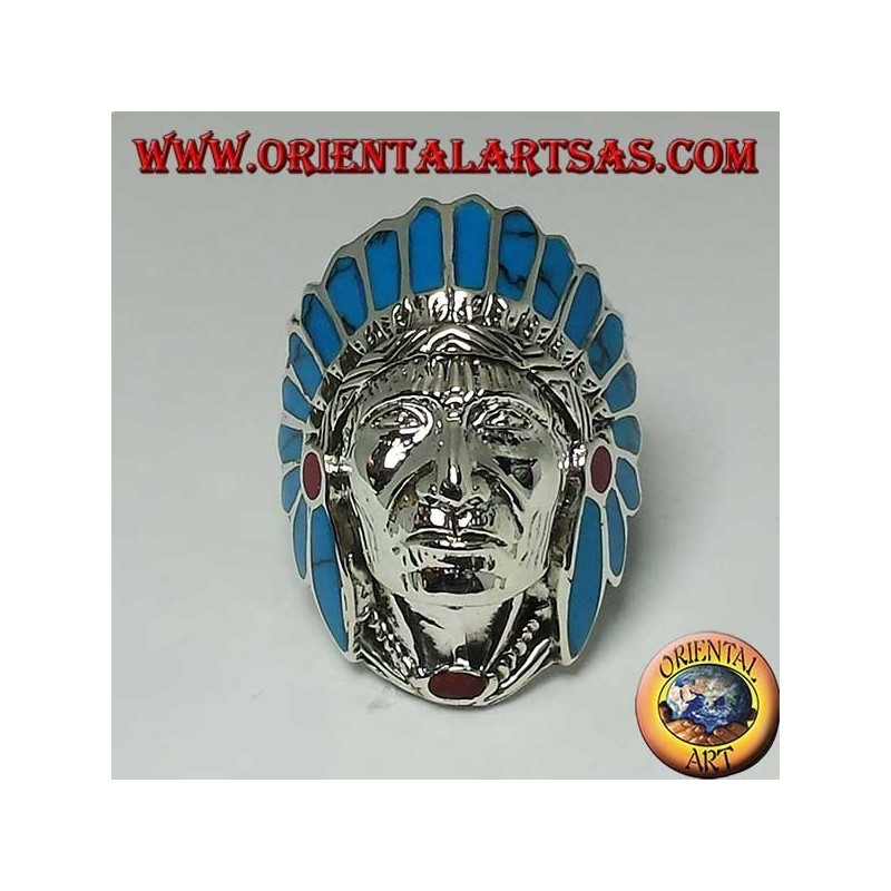 Anello in argento testa di Indiano D'America nativi con piume di turchese e corallo (grande)