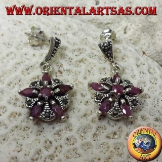 Silver earrings with 5 natural rubies in a shuttle + 1 round to form a star and marcasite