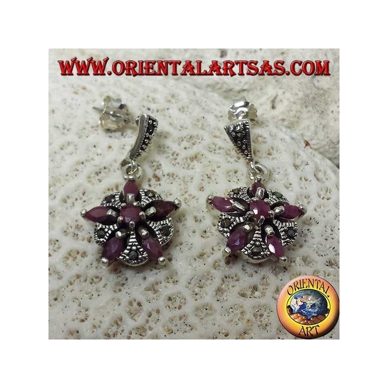 Silver earrings with 5 natural rubies in a shuttle + 1 round to form a star and marcasite