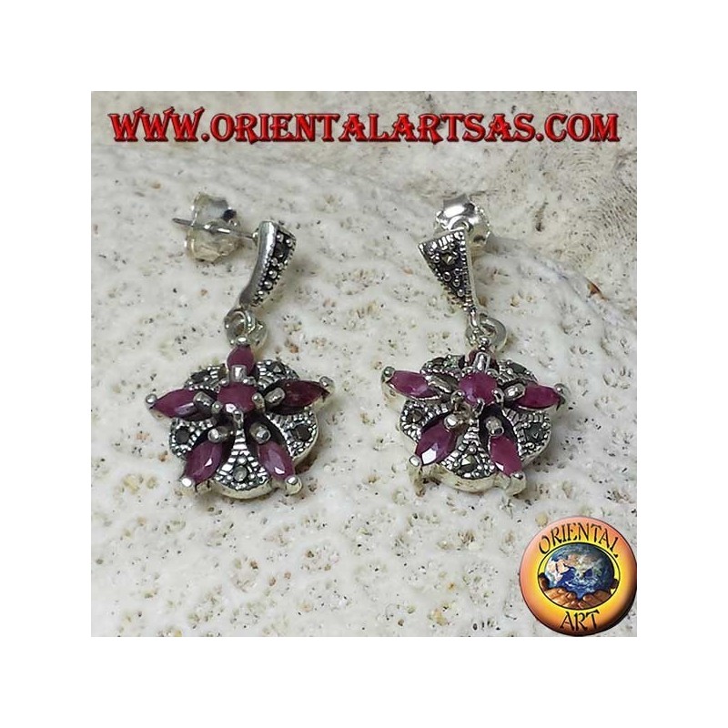 Orecchini in argento con 5 rubini  naturali a navetta + 1 tondo a formare una stella e marcasite