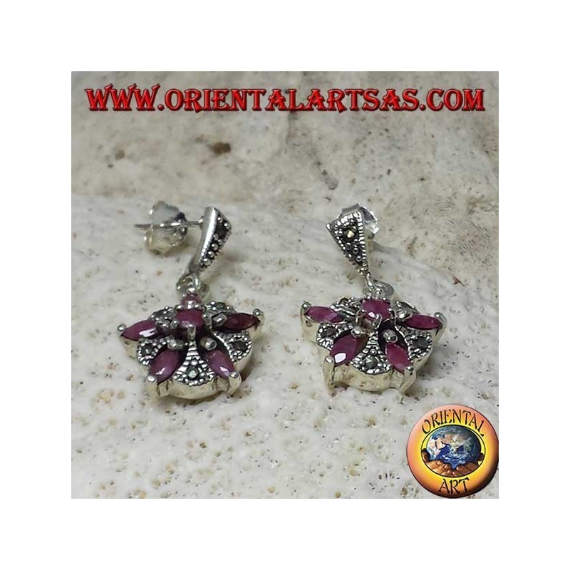 Orecchini in argento con 5 rubini  naturali a navetta + 1 tondo a formare una stella e marcasite