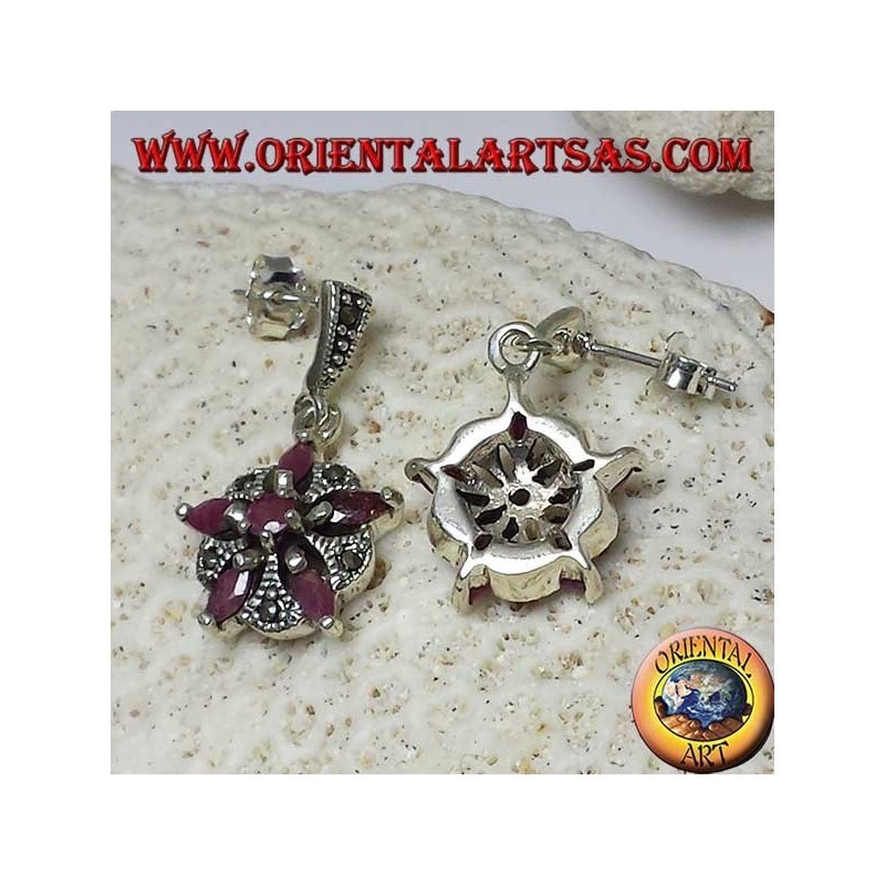 Silver earrings with 5 natural rubies in a shuttle + 1 round to form a star and marcasite