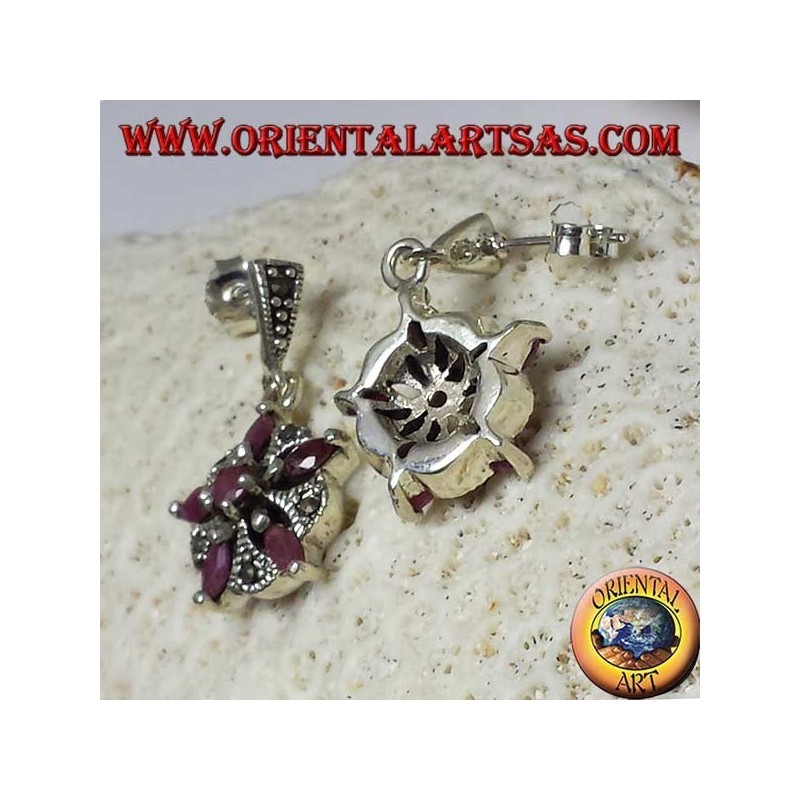 Silver earrings with 5 natural rubies in a shuttle + 1 round to form a star and marcasite