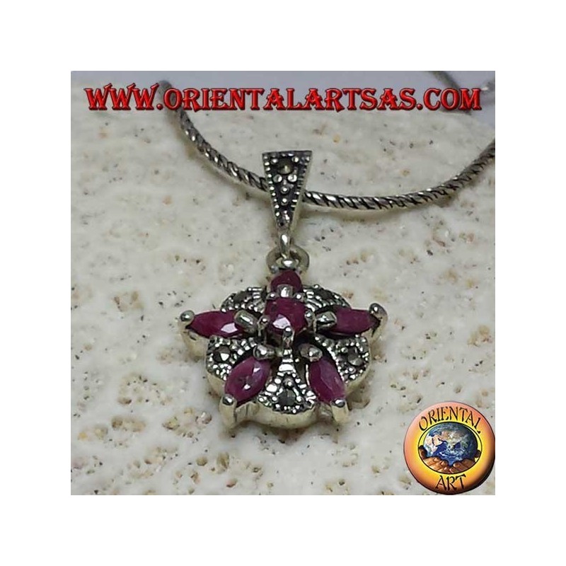 Silver pendant with 5 natural rubies in a shuttle + 1 round to form a star and marcasite