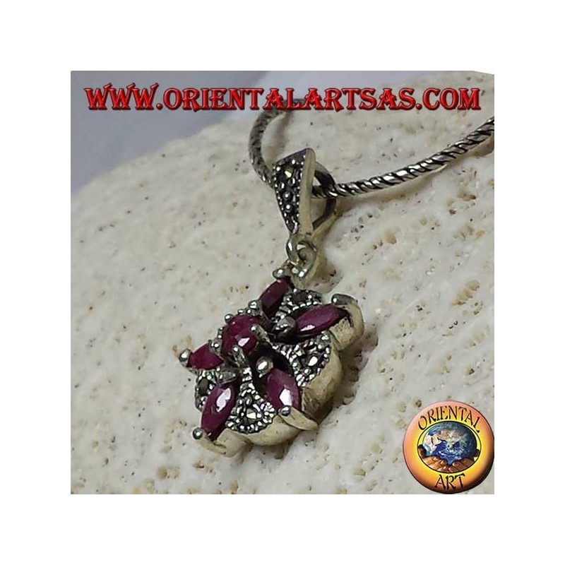 Silver pendant with 5 natural rubies in a shuttle + 1 round to form a star and marcasite