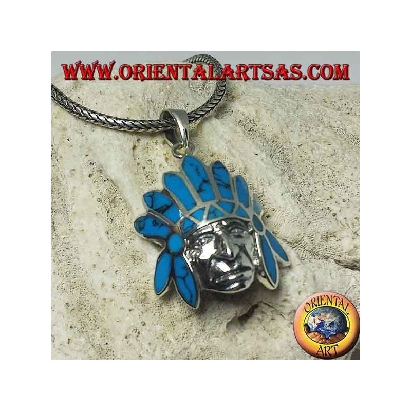 Silver pendant, Indian native with turquoise feather headdress