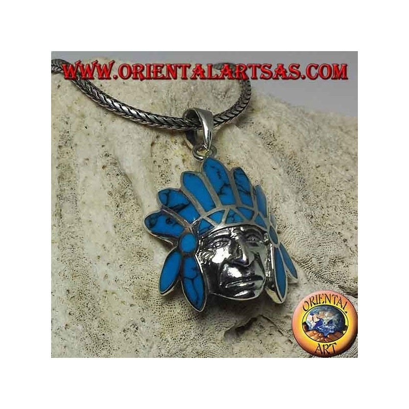 Silver pendant, Indian native with turquoise feather headdress