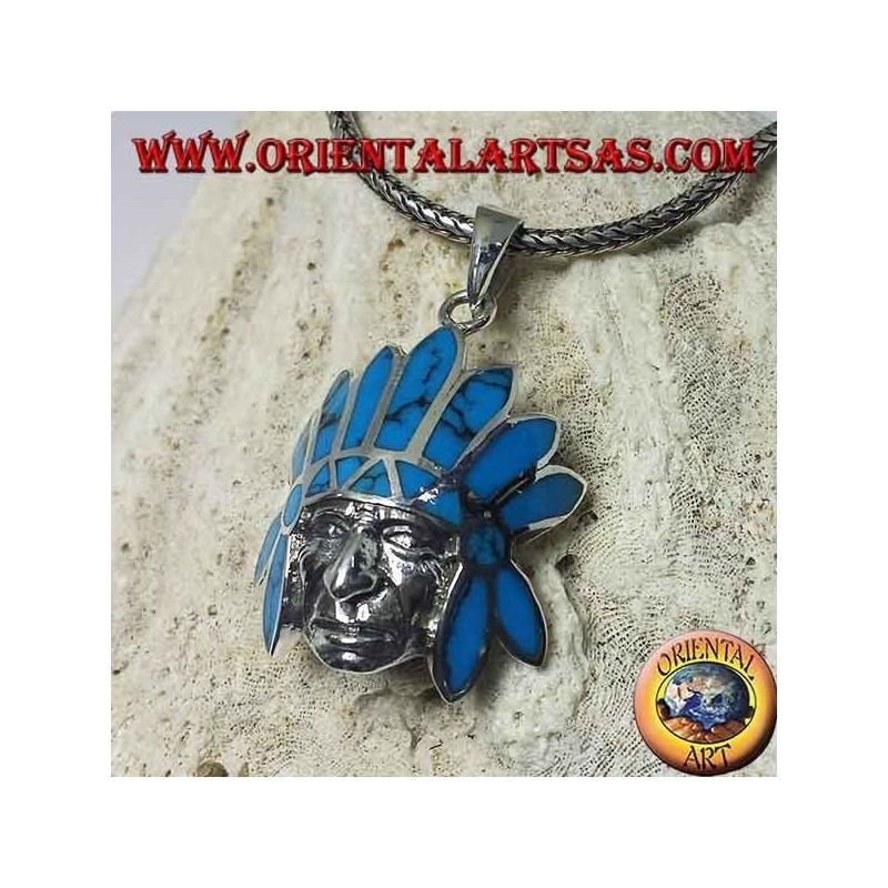 Colgante de plata, indio nativo con tocado de plumas turquesa