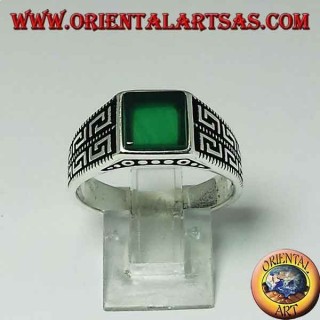 Silver ring with flat green square agate and two rows of Greek on the sides