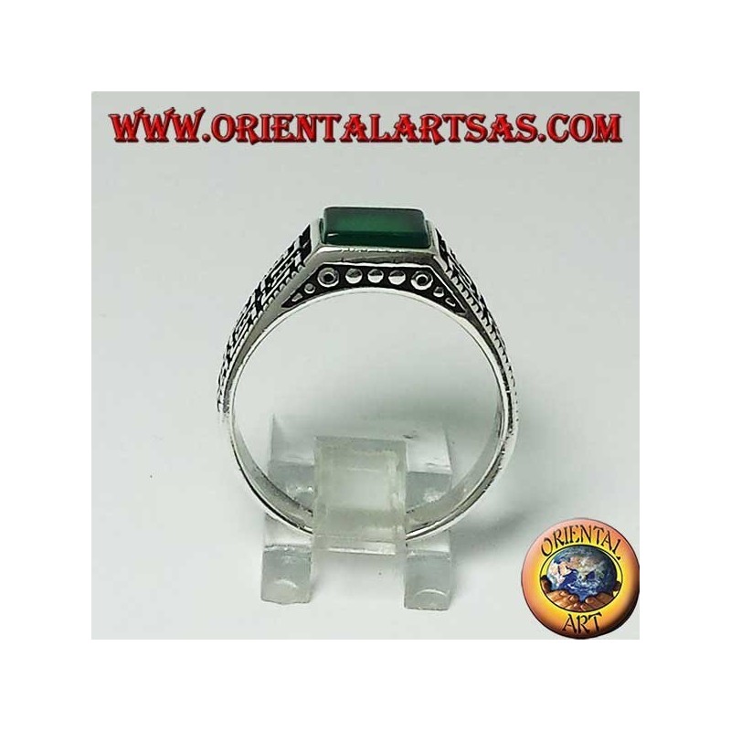 Silver ring with flat green square agate and two rows of Greek on the sides