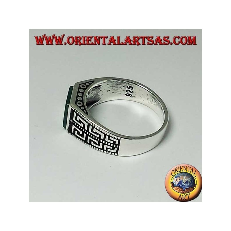 Silver ring with flat green square agate and two rows of Greek on the sides