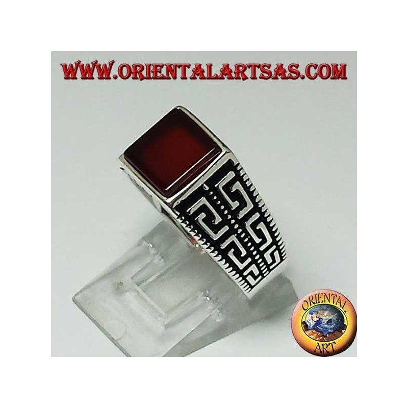 Silver ring with flat square carnelian and two rows of Greek on the sides