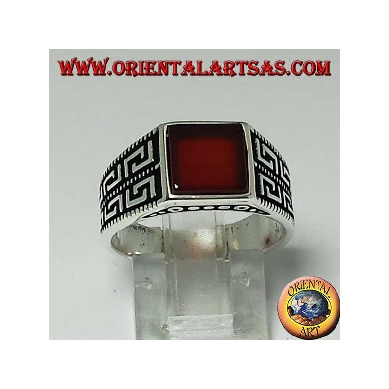 Silver ring with flat square carnelian and two rows of Greek on the sides