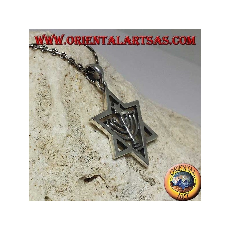 Ciondolo in argento stella di davide con Menorah e stella all'interno