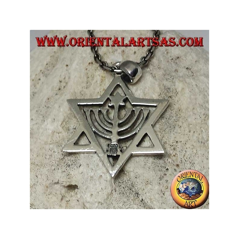 Pendentif étoile de David en argent avec Menorah et étoile à l'intérieur
